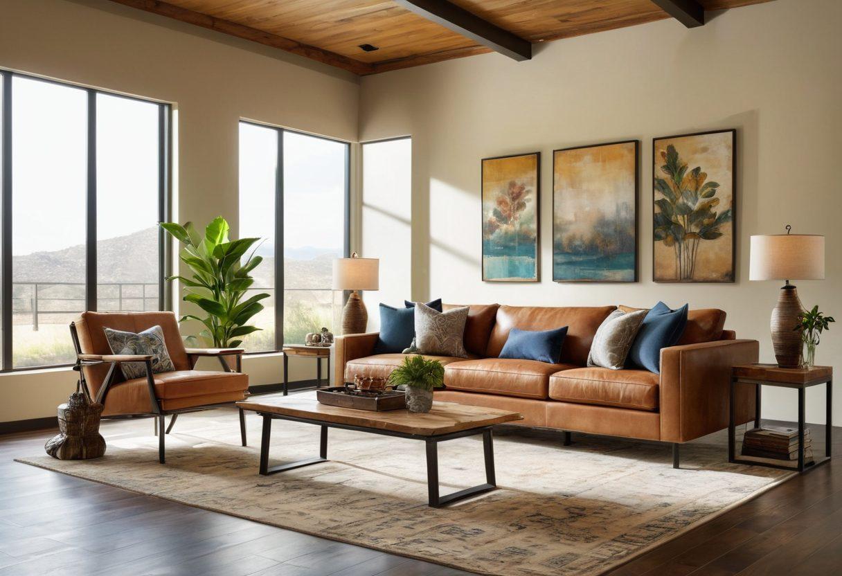 A captivating living room showcasing a blend of rustic and modern furniture designs, with Mitchell's Premium Furniture at the center. Incorporate warm wood textures juxtaposed against sleek metal accents, featuring a cozy seating area and an elegant coffee table. Add natural light streaming through large windows, highlighting the versatility and style of the collections. Include decorative elements like plants and art pieces for a lived-in feel. super-realistic. vibrant colors. natural lighting.