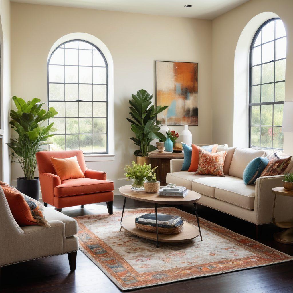 A beautifully styled living room showcasing a blend of contemporary and classic Mitchell furniture. Include a sleek modern sofa paired with an elegant vintage armchair, surrounded by colorful decorative pillows and a chic coffee table. Bright natural light streaming through large windows highlights textured rugs and stylish wall art, creating a warm and inviting atmosphere. A touch of greenery from indoor plants adds life to the space. super-realistic. vibrant colors. warm tones.