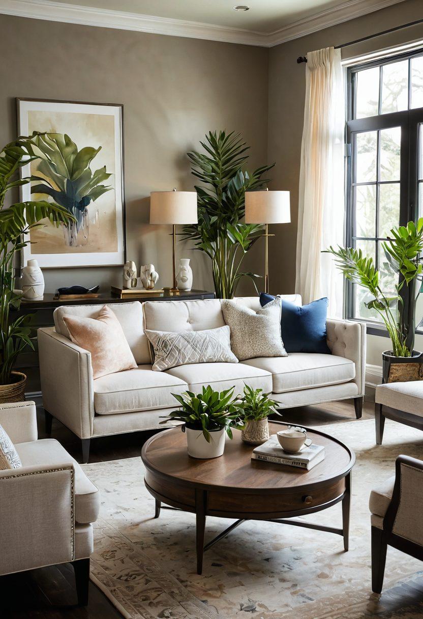 A beautifully styled living room showcasing elegant Mitchell Furniture pieces, featuring a cozy sofa, chic armchairs, and a stylish coffee table, all surrounded by soft natural light and lush indoor plants. The color palette includes warm neutrals and rich textures, creating a haven of comfort and style. Elegant decor items like cushions and artworks adorn the space, emphasizing tranquility and sophistication. super-realistic. vibrant colors. soft lighting.